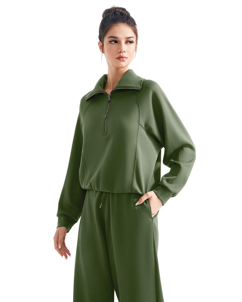 SUUKSESS Women 2 Piece Lounge Matching Sets Wide Leg Sweatpants Half Zip Oversized Sweatshirts (Army Green, M) - Image 1