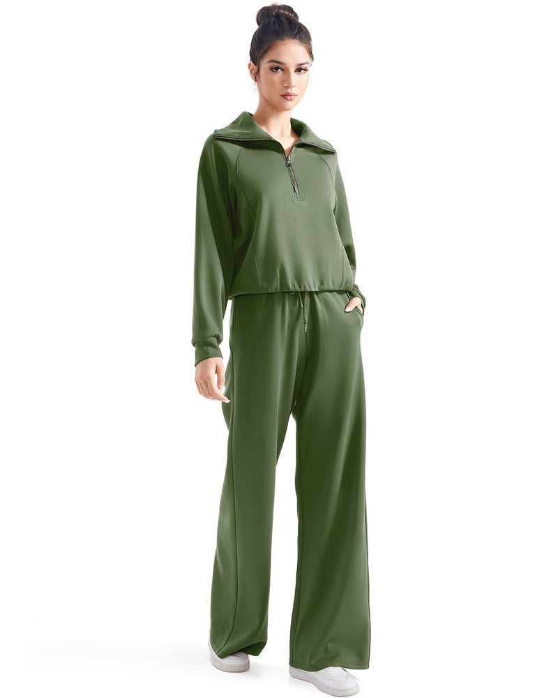 SUUKSESS Women 2 Piece Lounge Matching Sets Wide Leg Sweatpants Half Zip Oversized Sweatshirts (Army Green, M) - Image 3