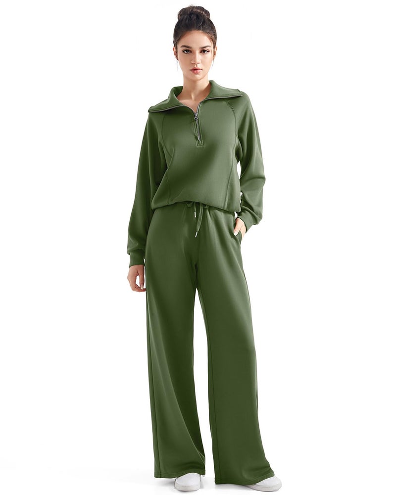 SUUKSESS Women 2 Piece Lounge Matching Sets Wide Leg Sweatpants Half Zip Oversized Sweatshirts (Army Green, M) - Image 5