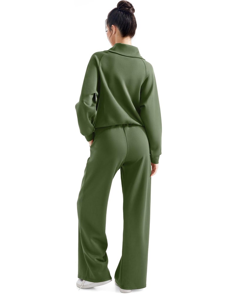 SUUKSESS Women 2 Piece Lounge Matching Sets Wide Leg Sweatpants Half Zip Oversized Sweatshirts (Army Green, M) - Image 2