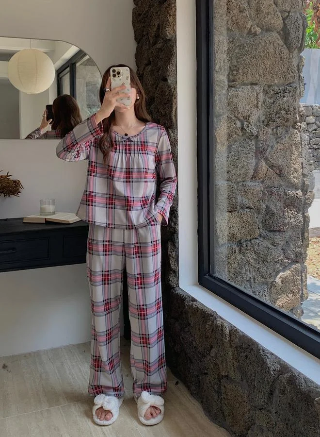 Take Two Bow Detail Checked Top and Pyjama Set