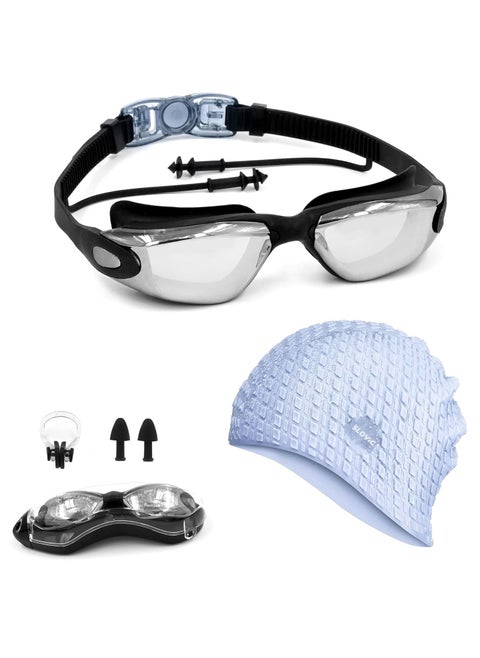 Black Swimming Goggles & Blue Embossed Swimming Caps for Men & Women with Silicon Nose clip & Ear plugs