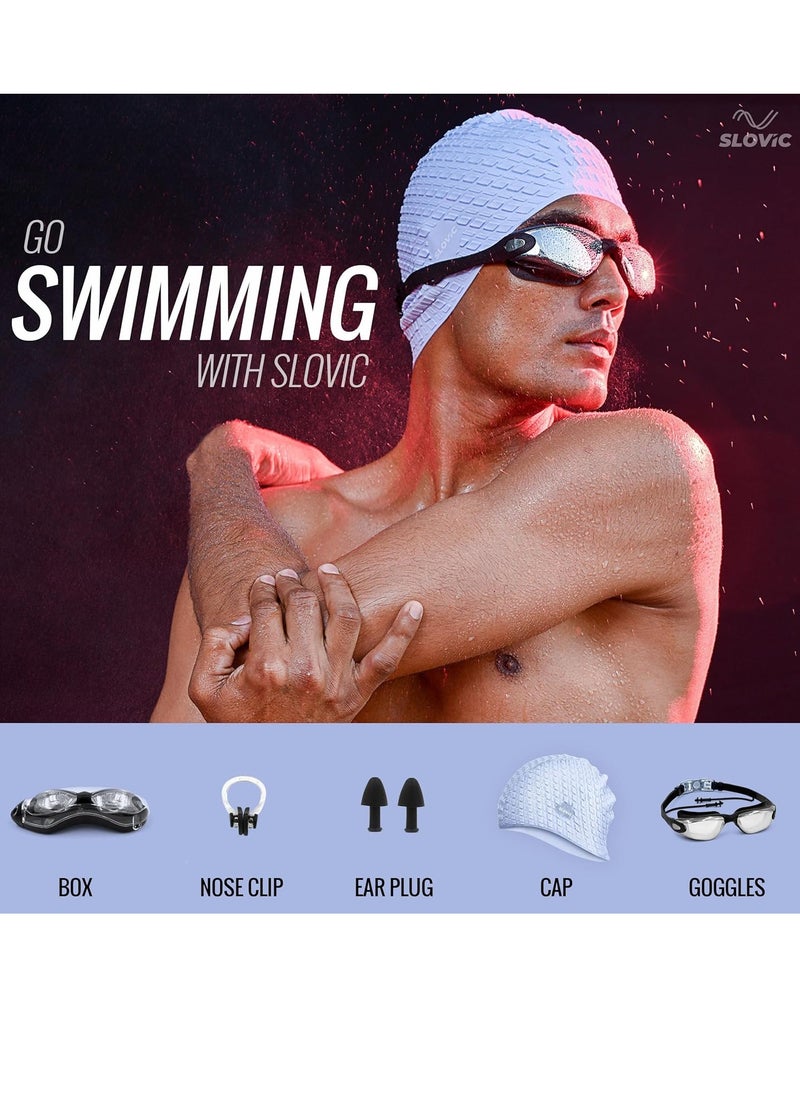 Black Swimming Goggles & Blue Embossed Swimming Caps for Men & Women with Silicon Nose clip & Ear plugs