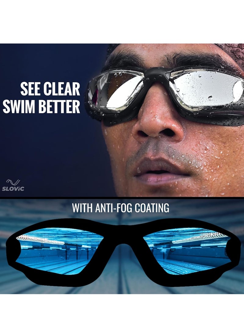 Black Swimming Goggles & Blue Embossed Swimming Caps for Men & Women with Silicon Nose clip & Ear plugs
