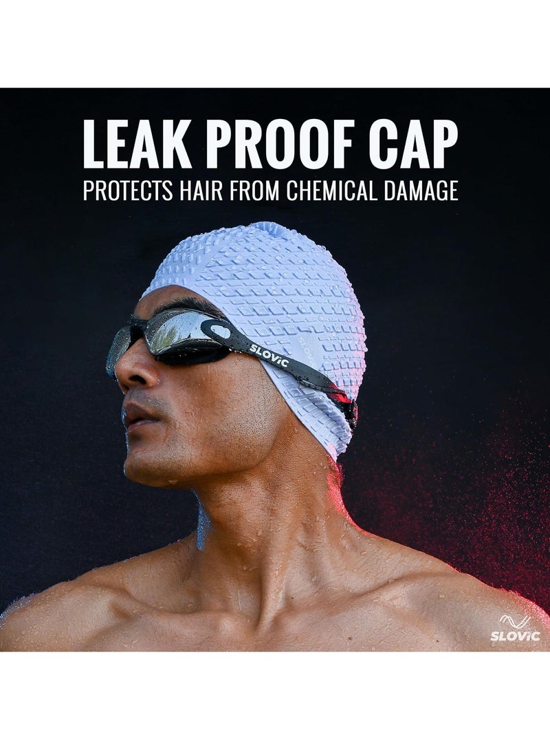 Black Swimming Goggles & Blue Embossed Swimming Caps for Men & Women with Silicon Nose clip & Ear plugs