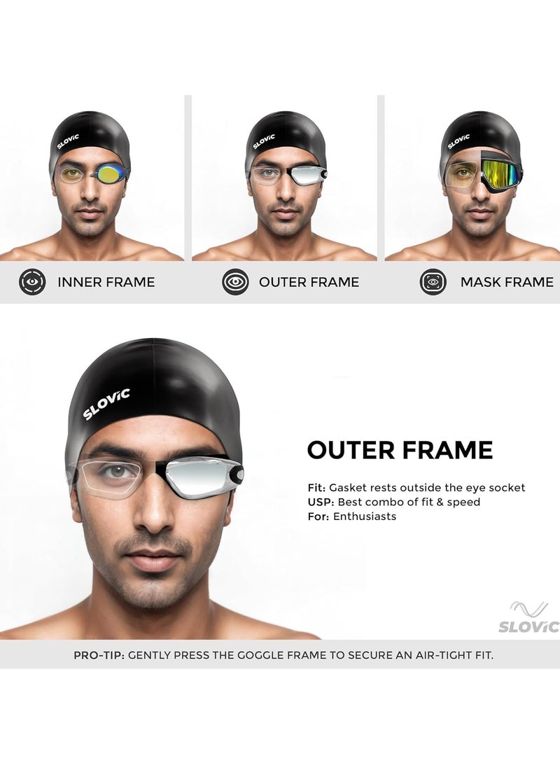 Black Swimming Goggles & Blue Embossed Swimming Caps for Men & Women with Silicon Nose clip & Ear plugs