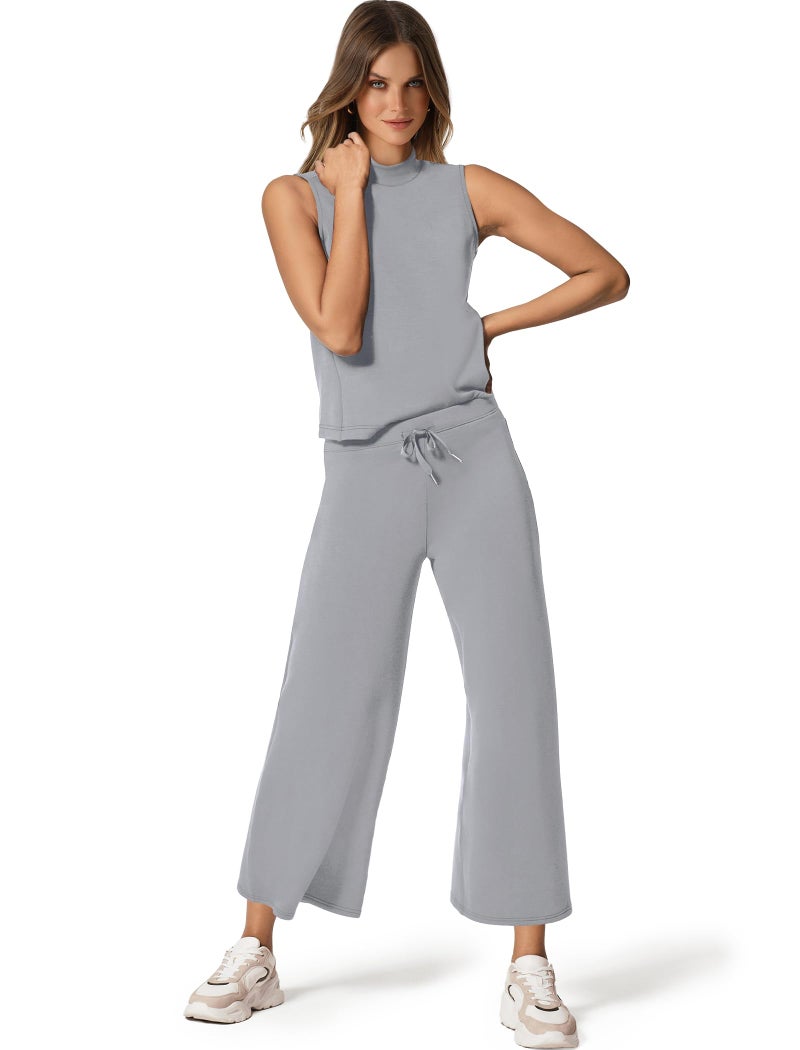 Sampeel Two Piece Set for Women Summer Outfits Vacation Trendy Lounge Sets Mock Neck Matching Sets Women Clothing Wide Leg Crop Pants Set - Image 2