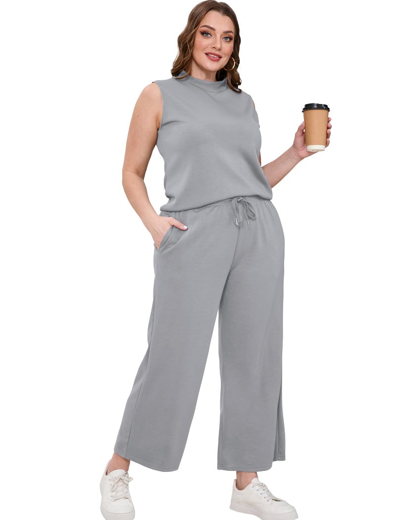Sampeel Two Piece Set for Women Summer Outfits Vacation Trendy Lounge Sets Mock Neck Matching Sets Women Clothing Wide Leg Crop Pants Set - Image 4