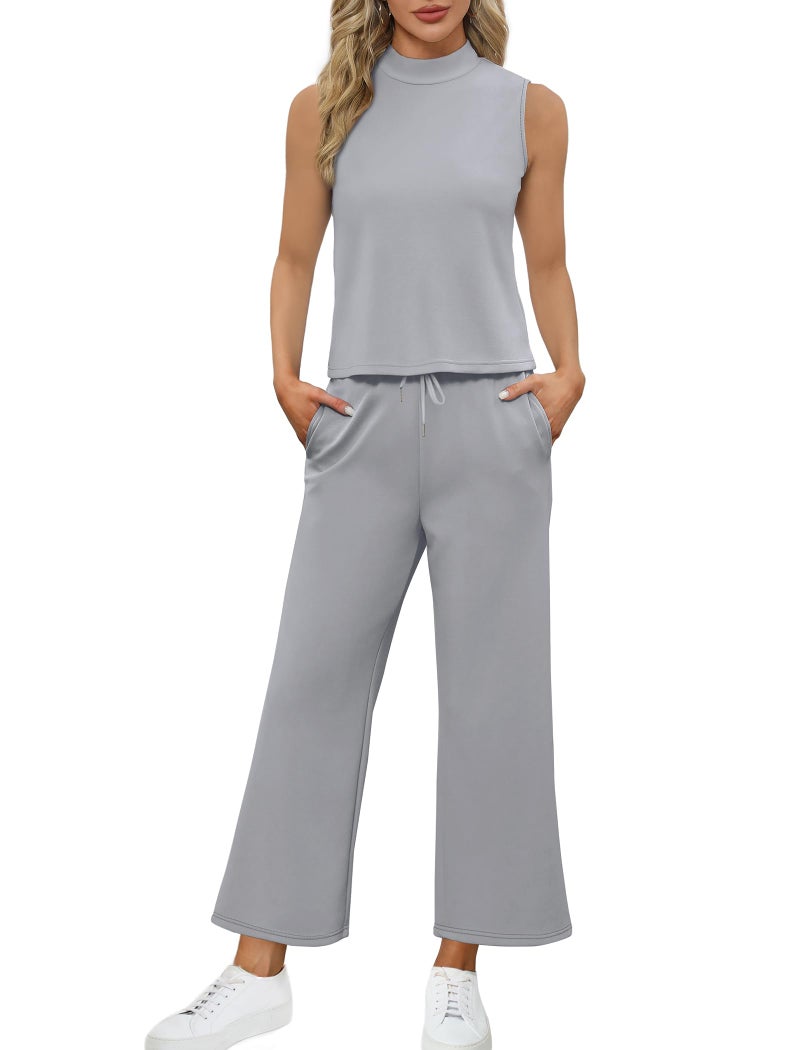 Sampeel Two Piece Set for Women Summer Outfits Vacation Trendy Lounge Sets Mock Neck Matching Sets Women Clothing Wide Leg Crop Pants Set - Image 3