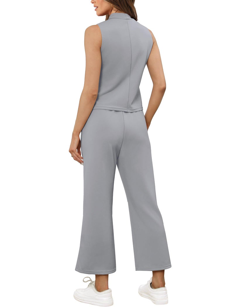 Sampeel Two Piece Set for Women Summer Outfits Vacation Trendy Lounge Sets Mock Neck Matching Sets Women Clothing Wide Leg Crop Pants Set - Image 5