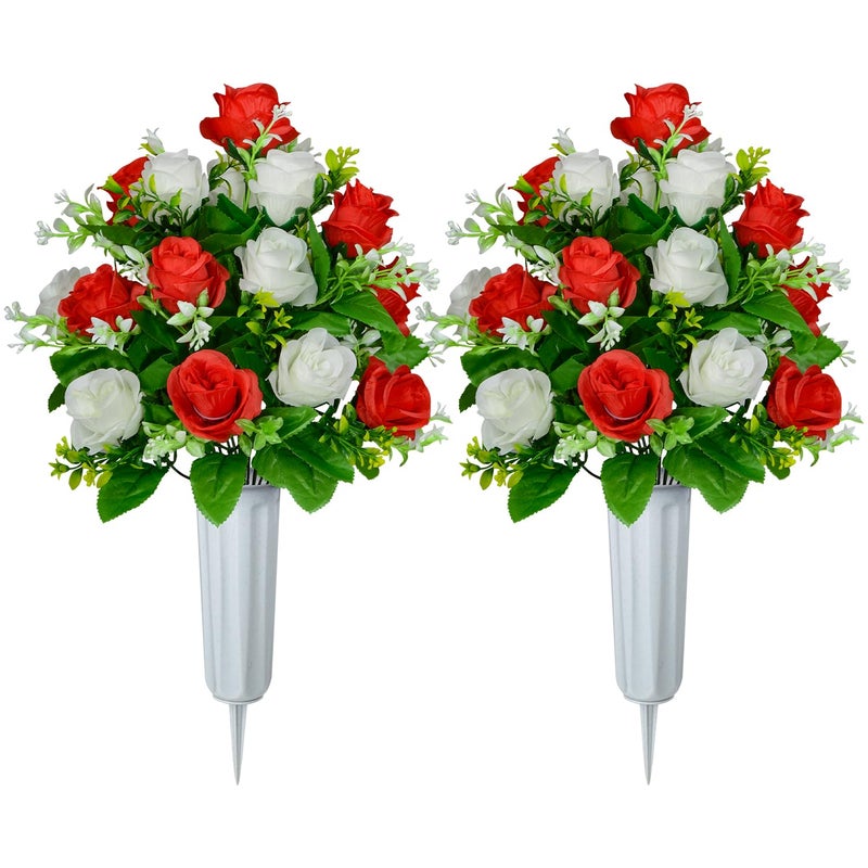 زونور مجموعة زهور المقبرة الاصطناعية Xonor من 2 زهور بوكيته الاصطناعية Graveyard Memorial Flowers مع مزهرية لتزيين شواهد المقبرة (White & Red-2pcs) - Image 1
