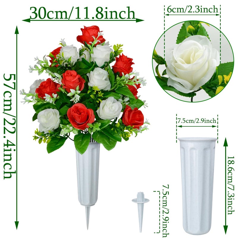 زونور مجموعة زهور المقبرة الاصطناعية Xonor من 2 زهور بوكيته الاصطناعية Graveyard Memorial Flowers مع مزهرية لتزيين شواهد المقبرة (White & Red-2pcs) - Image 3