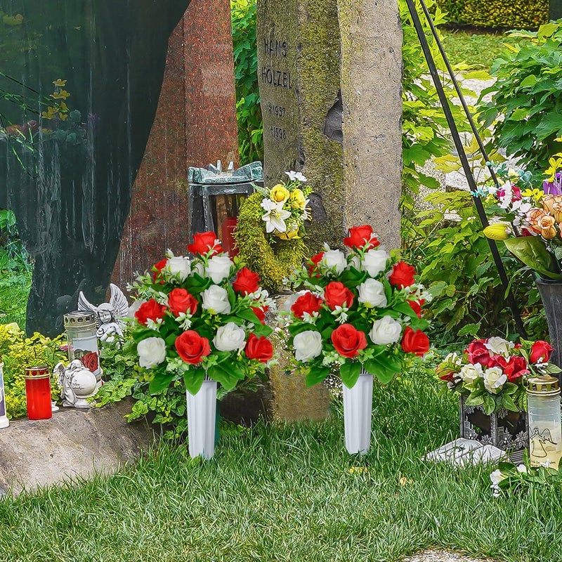زونور مجموعة زهور المقبرة الاصطناعية Xonor من 2 زهور بوكيته الاصطناعية Graveyard Memorial Flowers مع مزهرية لتزيين شواهد المقبرة (White & Red-2pcs) - Image 5