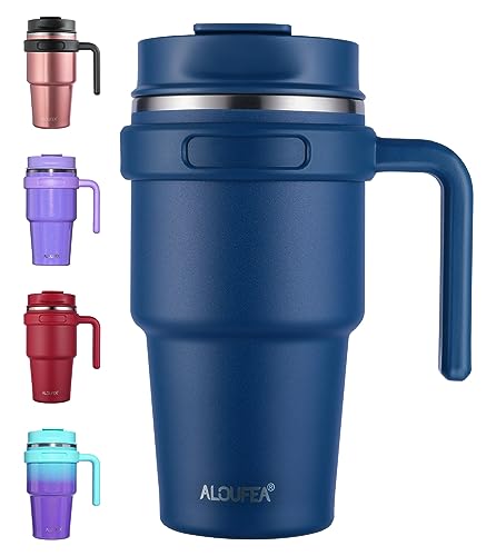 ALOUFEA 20 oz Insulated Coffee Mug Tumbler with Handle, Stainless Steel Travel Mug Tumbler with Lid and Straw,Double Wall Vacuum Leak Proof Ice Coffee Thermal Cup, Navy - Image 1