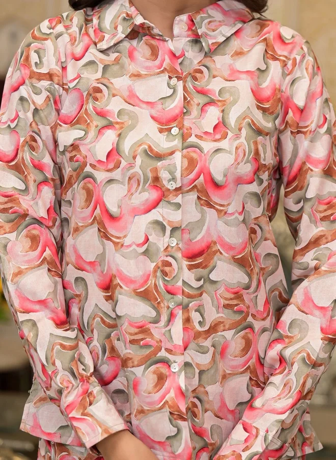 أيه كيه إس Pink Printed Linen Shirt & Palazzo Set for Women