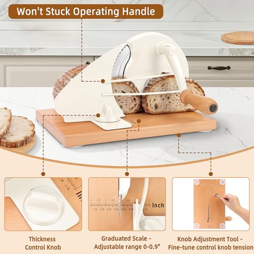 CAWIU Upgraded Manual Bread Slicer for Homemade Sourdough Bread - Adjustable Thickness Bread Cutter with Hand Crank, Suction Cups, Slicing Guide, Scale Line & Cover, for Perfect Even Slices (Cream) - Image 3