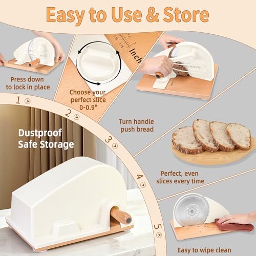 CAWIU Upgraded Manual Bread Slicer for Homemade Sourdough Bread - Adjustable Thickness Bread Cutter with Hand Crank, Suction Cups, Slicing Guide, Scale Line & Cover, for Perfect Even Slices (Cream) - Image 5