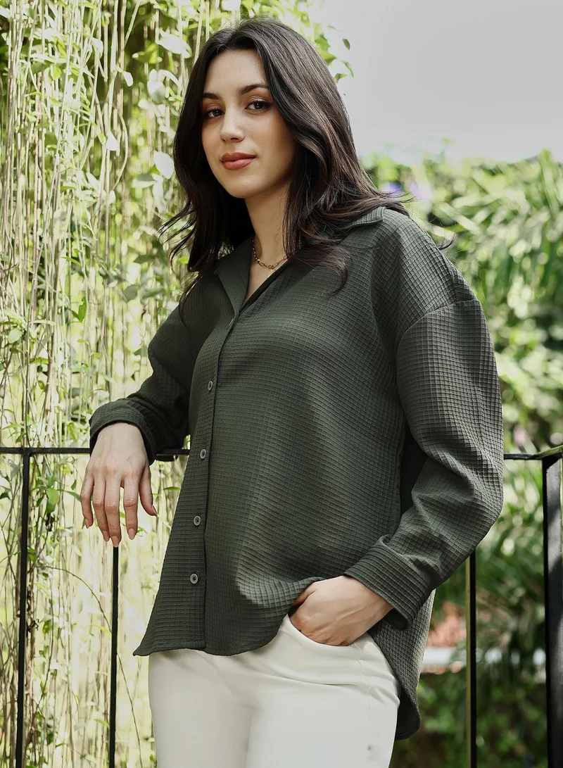 Pinacolada  Women's Sacramento Green Waffle-Tactile Oversized Shirt for Women | Best Price UAE