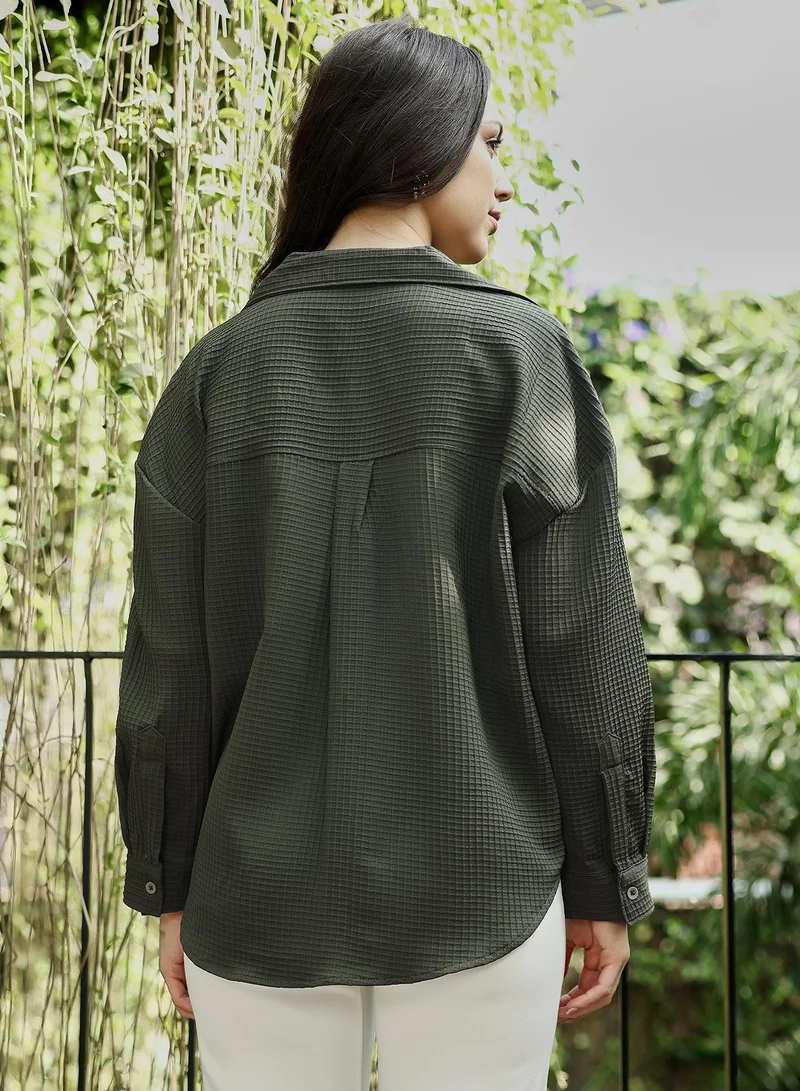 Pinacolada  Women's Sacramento Green Waffle-Tactile Oversized Shirt for Women | Best Price UAE
