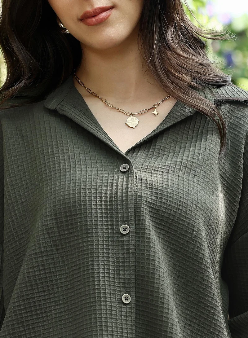 Pinacolada  Women's Sacramento Green Waffle-Tactile Oversized Shirt for Women | Best Price UAE