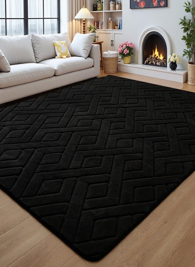 Flagover 4x6 Black Washable Area Rug for Bedroom, Modern Geometric Shag Non-Slip Living Room Rugs, Fluffy Plush Soft Memory Foam Carpet for Kids Boys Room Nursery Room Dorm Bedside Decor - Image 1