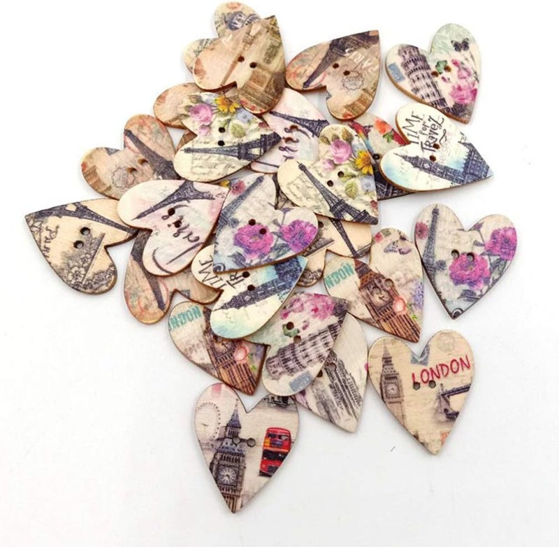 كلاراكو أزرار خشبية من كلاركو، ٥٠ قطعة، أزرار كرتونية على شكل برج إيفل، بفتحتين على شكل قلب، للخياطة وكتابة القصاصات، ٢٥ مم - Image 1