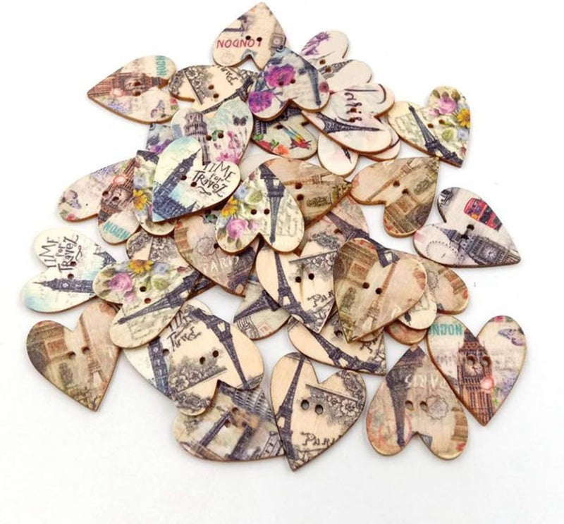 كلاراكو أزرار خشبية من كلاركو، ٥٠ قطعة، أزرار كرتونية على شكل برج إيفل، بفتحتين على شكل قلب، للخياطة وكتابة القصاصات، ٢٥ مم - Image 2
