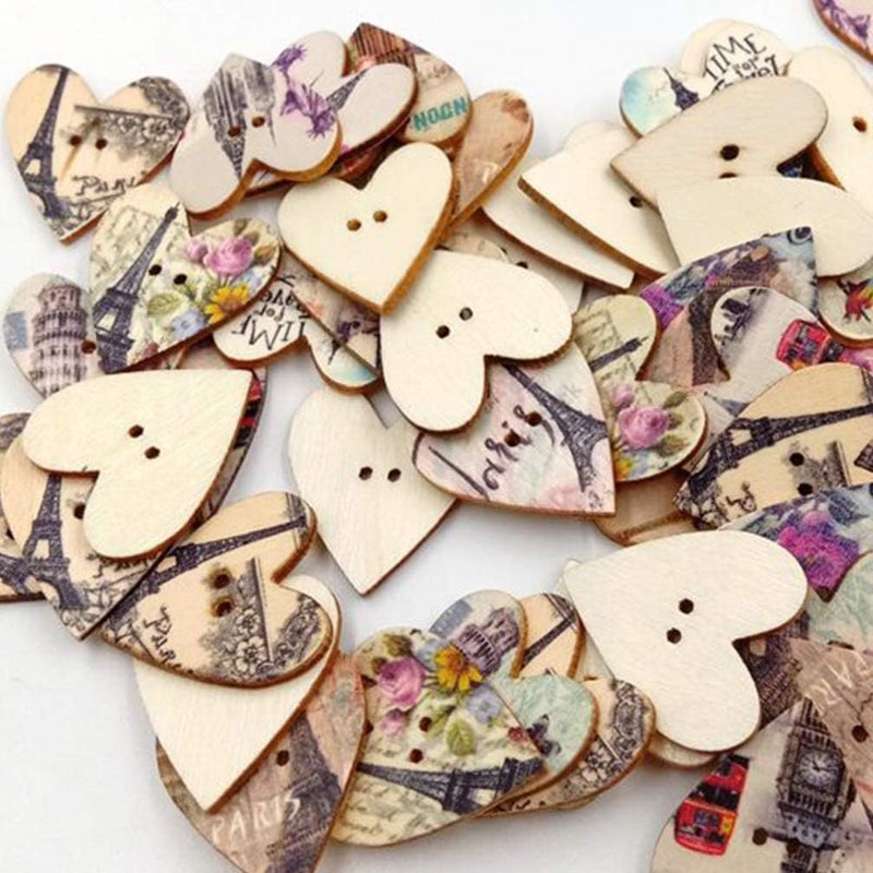 كلاراكو أزرار خشبية من كلاركو، ٥٠ قطعة، أزرار كرتونية على شكل برج إيفل، بفتحتين على شكل قلب، للخياطة وكتابة القصاصات، ٢٥ مم - Image 3