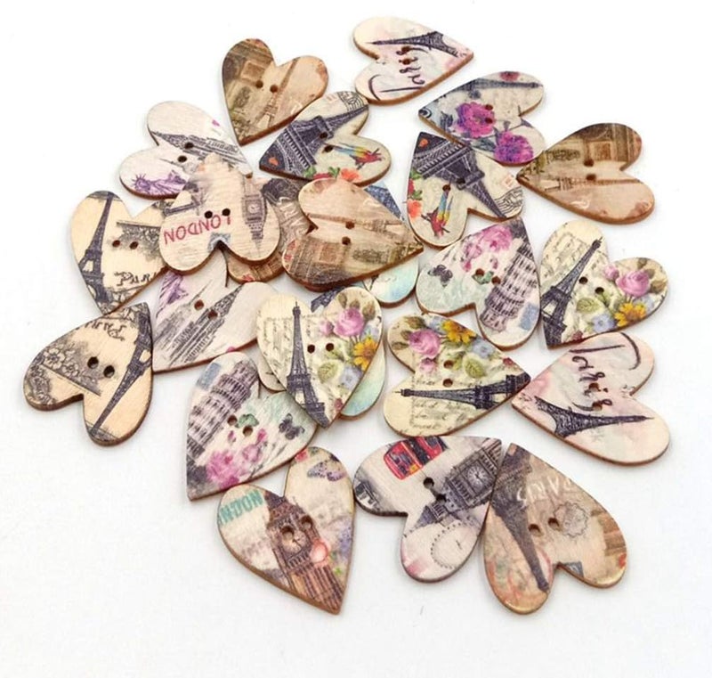 كلاراكو أزرار خشبية من كلاركو، ٥٠ قطعة، أزرار كرتونية على شكل برج إيفل، بفتحتين على شكل قلب، للخياطة وكتابة القصاصات، ٢٥ مم - Image 4