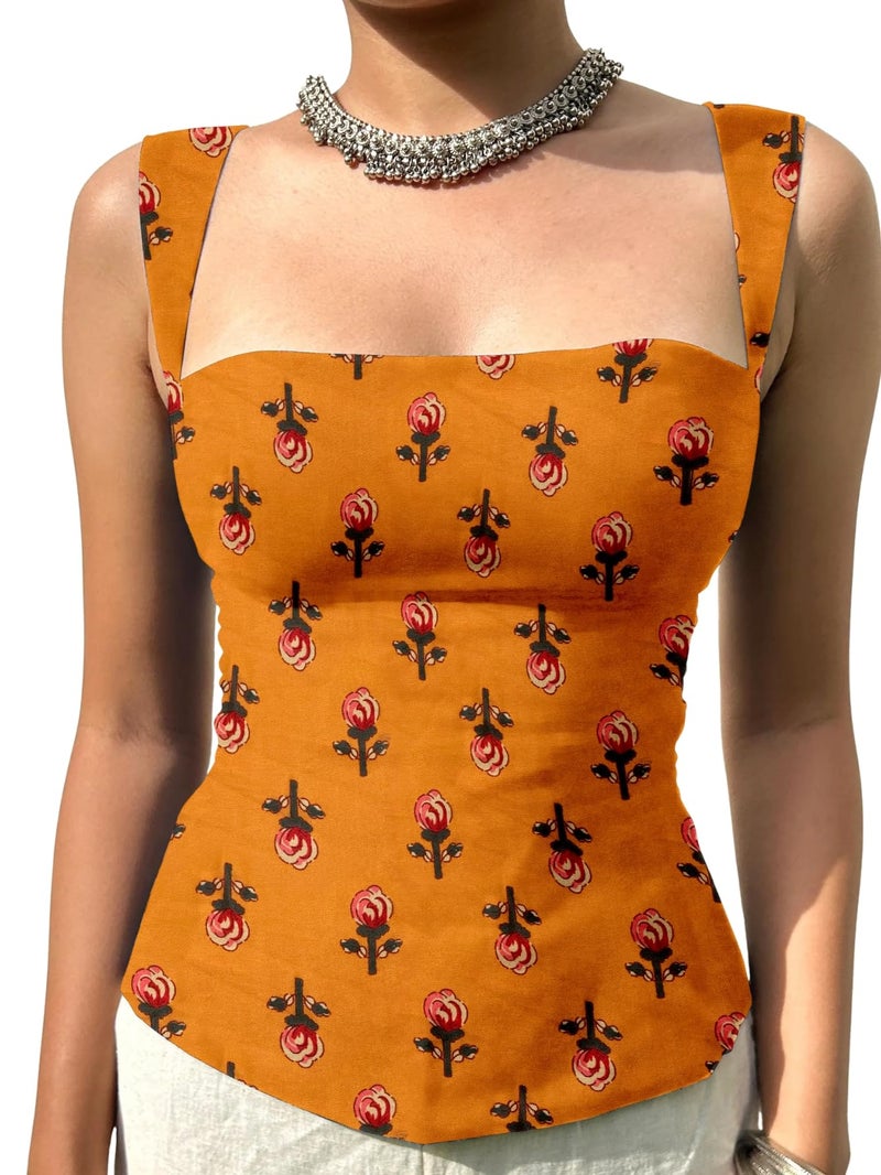 Aahwan Orange Printed Square Neck Sleeveless Backless Short Indo-Western Ethnic Kurti Top for Women's & Girl's(357-Orange-S) - Image 1