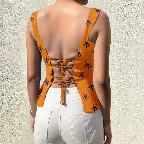 Aahwan Orange Printed Square Neck Sleeveless Backless Short Indo-Western Ethnic Kurti Top for Women's & Girl's(357-Orange-S) - Image 2