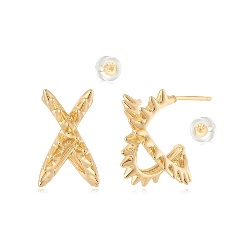 MYEARS Women X Spike Hoop Earrings Gold 14K Small Simple Hypoallergenic Everyday Illusion Jewelry - Image 1