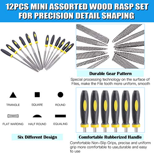 GLARKS 12pcs Mini Assorted Wood Rasp Set Include Brush and Storage Box with 4pcs Sandpaper for Fixing Jewelers Diamond Wood Carving Craft - Image 5