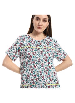 Andora Short Sleeves Floral Nightgown - Off-White, Tiffany Green & Cashmere_Cashmere  - Image 4