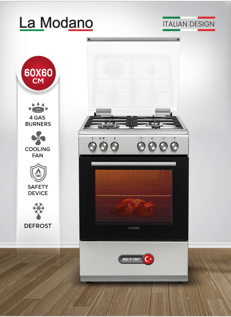 La Modano La Modano 60cm Gas Cooking Range with 4 Gas Burners Automatic Ignition Stainless Steel Finish and a Spacious 65L Oven - LMC601GG. Comes with a Reliable 1-Year Warranty  - Image 1
