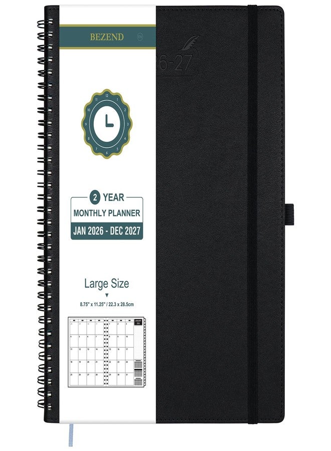 BEZEND 2 Year Month to View Diary 2026-2027 with Notes, Large 28.5 x 22.5 cm (Jan 26 - Dec 27) Spiral Calendar with Tabs & Storage Pockets, 120 GSM Thick Paper, PU Leather Softcover - Black - Image 1