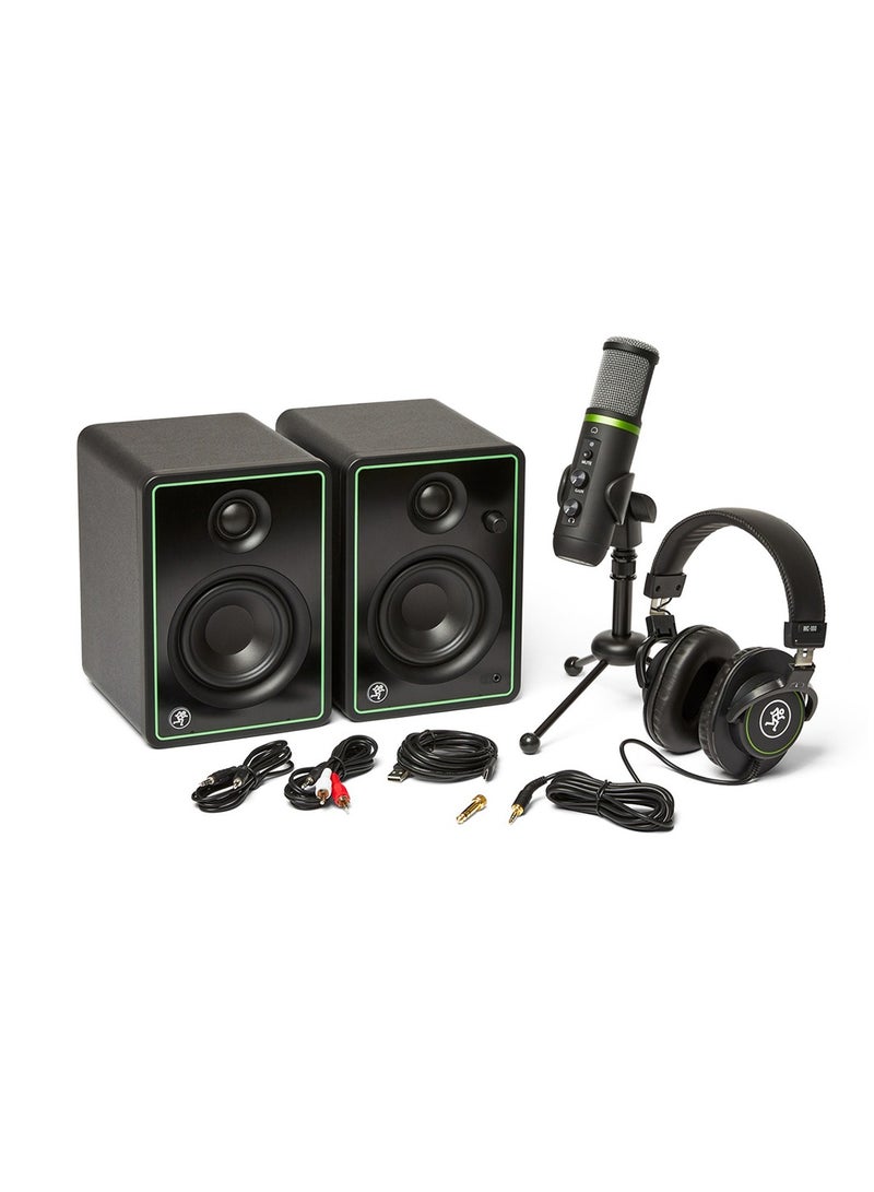 Mackie مجموعة استوديو مع ميكروفون Mackie EM-USB USB، وشاشتين CR3-X، وسماعات رأس MC-100 ذات الظهر المغلق، وحامل ميكروفون سطح المكتب، والكابلات، والملحقات الأخرى - Image 1