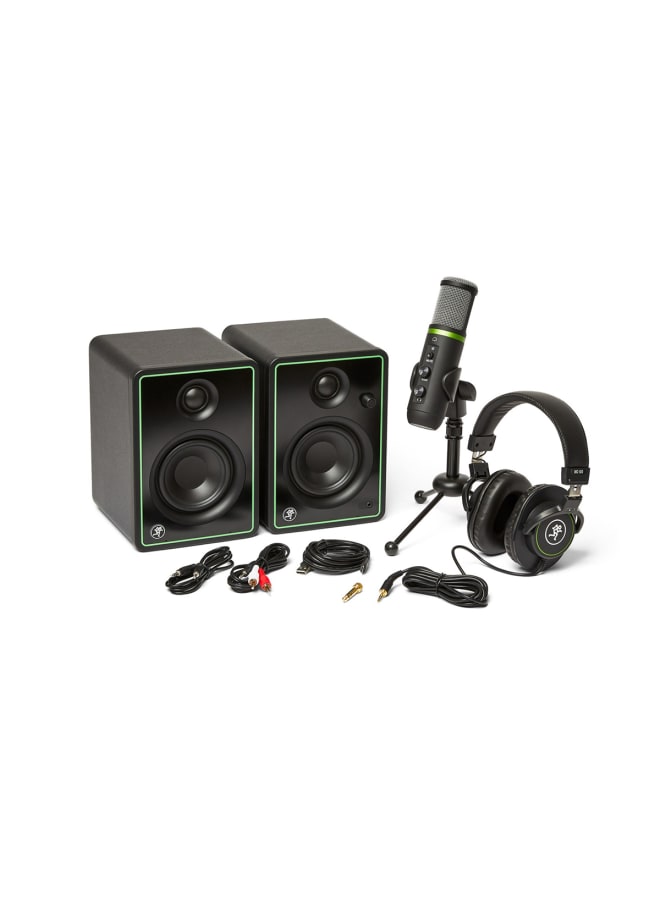Mackie مجموعة استوديو مع ميكروفون Mackie EM-USB USB، وشاشتين CR3-X، وسماعات رأس MC-100 ذات الظهر المغلق، وحامل ميكروفون سطح المكتب، والكابلات، والملحقات الأخرى - Image 1