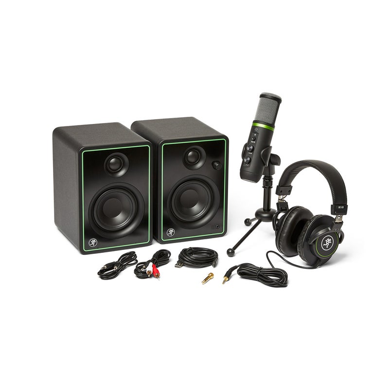 Mackie Studio Bundle with Mackie EM-USB USB Microphone, 2 CR3-X Monitors, MC-100 Closed-back Headphones, Desktop Mic Stand, Cables, and Other Accessories - Image 1