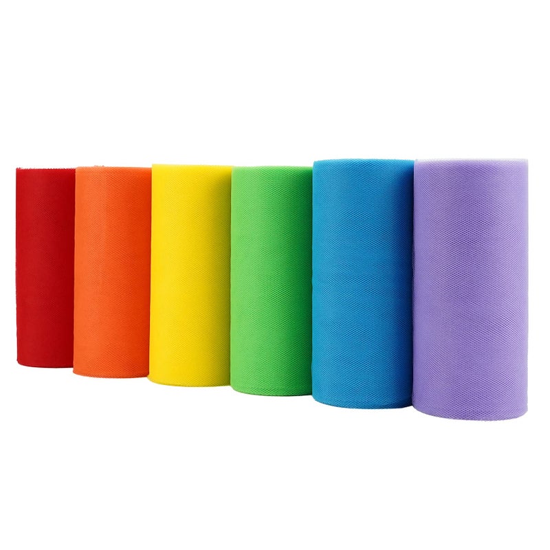 MEEDEE Rainbow Tulle Ribbon 6 Colors Roll Tulle Fabric Rainbow Spool Ribbon for Tutus Wedding Decorations Party Decorations Gift Wrapping Skirt Dress 6 inch by 25 YardsRoll