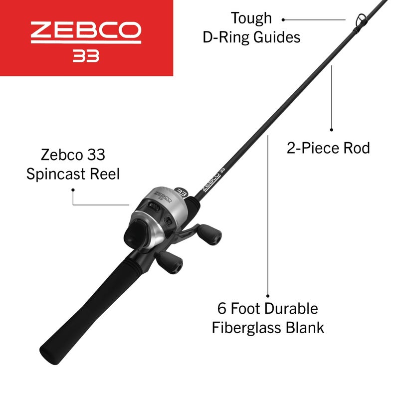 Zebco 33 Spincast Reel and Fishing Rod Combo, 6-Foot 2-Piece Fiberglass Rod with EVA Handle, Quickset Anti-Reverse Fishing Reel with Bite Alert, Silver/Black, 30 - Image 2