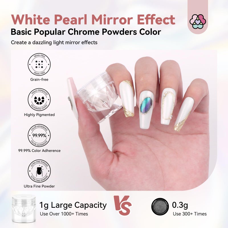 SAVILAND White Pearl Chrome Nail Powder: 1g Metallic Mirror Effect Unicorn Chrome Powder Iridescent Pearlescent Aurora Mermaid Pigment Glitter Dust Kit for DIY Nail Art Decoration Home & Salon Use - Image 2