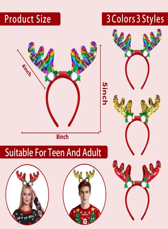 AMENON 3 Pack Christmas Light Up Christmas Headband, LED Reindeer Headwear Accessories Party Supplies for Adult - Image 4