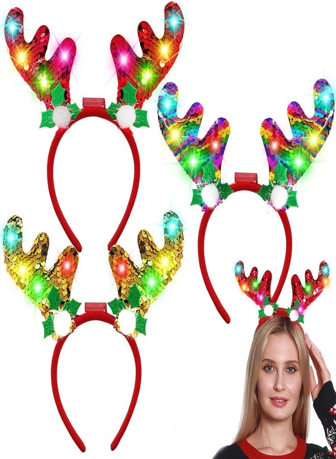 AMENON 3 Pack Christmas Light Up Christmas Headband, LED Reindeer Headwear Accessories Party Supplies for Adult - Image 1