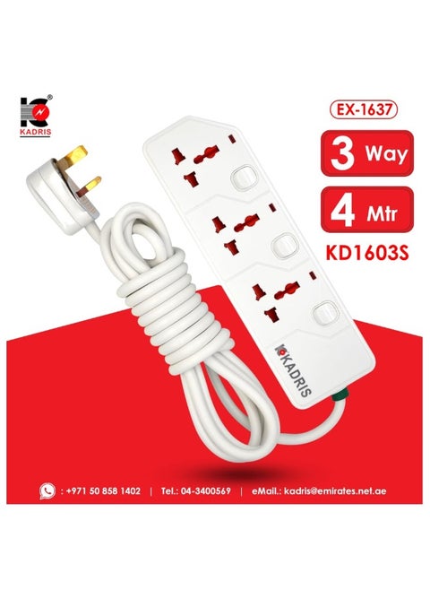 Power Strips KD1603S Heavy Duty Extension Cord with 3 way Outlets with switches, Charging Socket with 4 meter Heat resistant  Extension Cord (White)