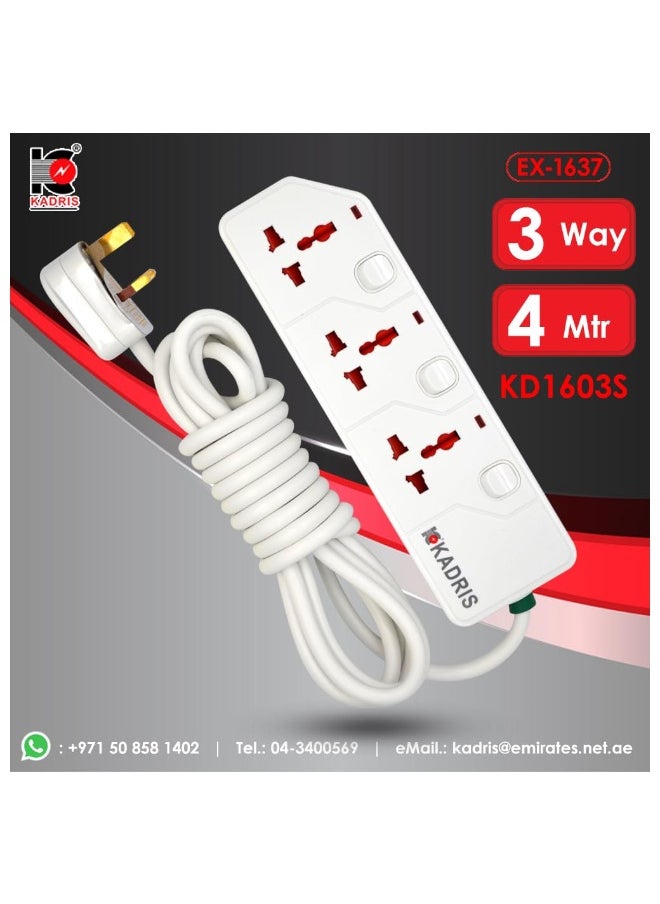 KADRIS - Power Strips KD1603S Heavy Duty Extension Cord with 3 way Outlets with switches, Charging Socket with 4 meter Heat resistant  Extension Cord (White) - Image 1