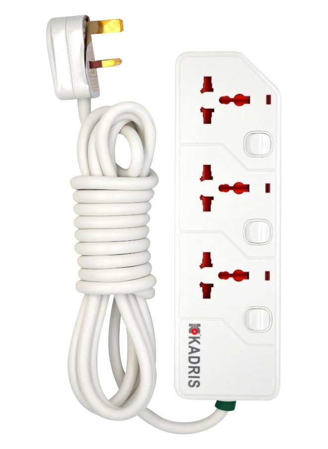 KADRIS - Power Strips KD1603S Heavy Duty Extension Cord with 3 way Outlets with switches, Charging Socket with 4 meter Heat resistant  Extension Cord (White) - Image 1