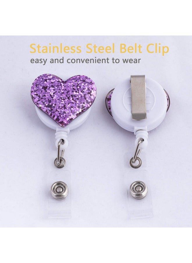Soleebee - 28'' Retractable Badge Reel With Belt Clip Glitter Love Heart Nurse Id/Name Badge Holder 1 Pack (Purple) - Image 1