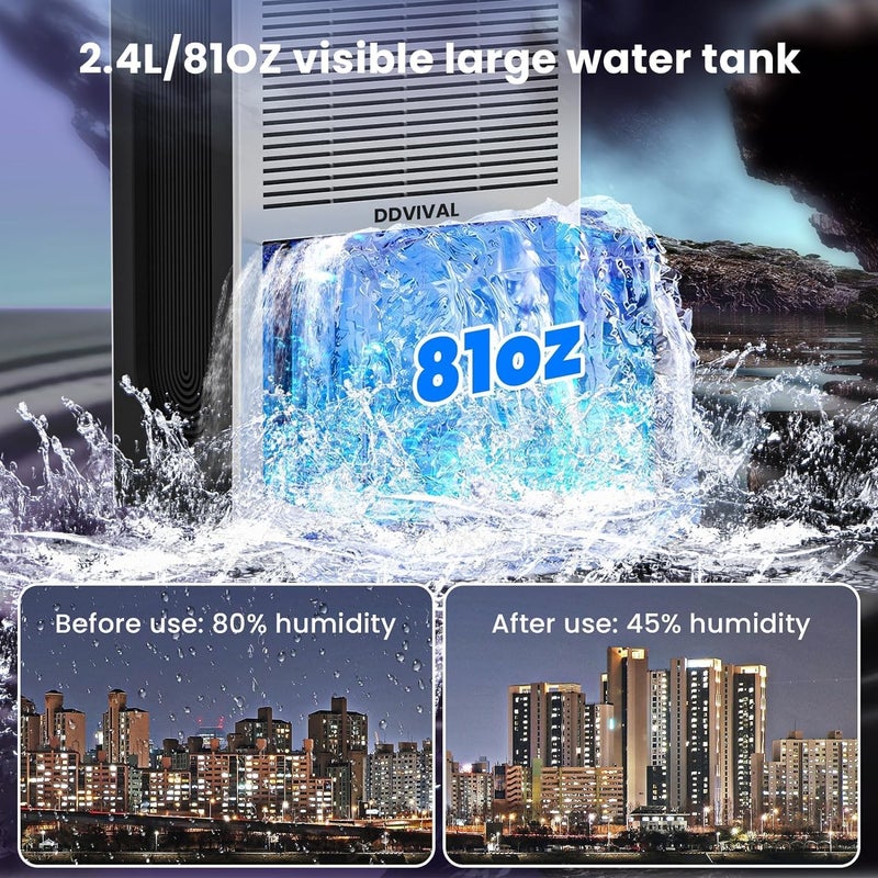 SUPVOX 2.3L Dehumidifier, Silent Indoor Dehumidifier, with Auto Shut-off and 2 Working Modes Portable Dehumidifier, with Color LED Light and Transparent Water Tank Desk Dehumidifier for Home & Office - Image 3