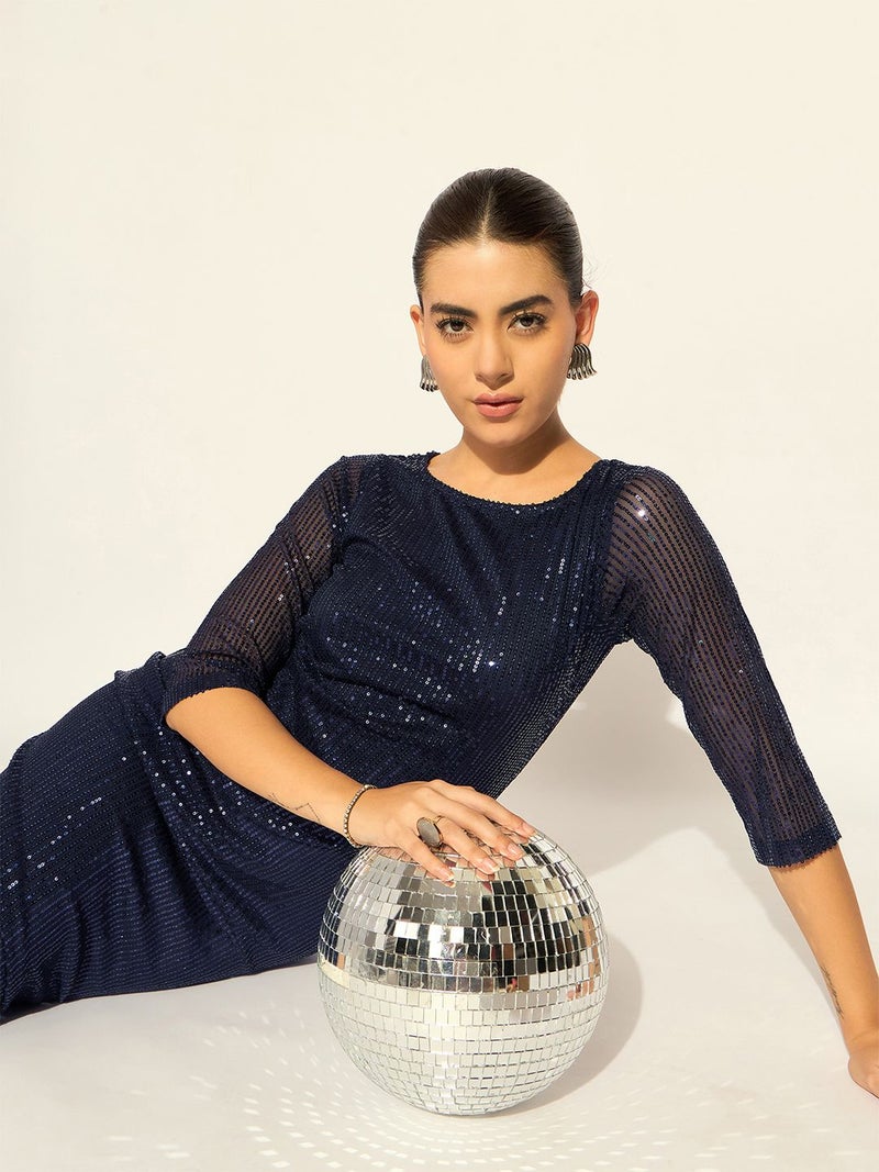 Powersutra Stylish Navy Sequined Party Dress for Women - Image 1